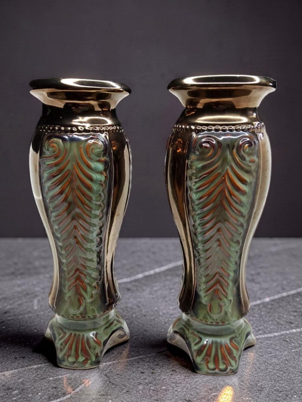 Vintage pair Grecian Style Green metallic bronze colored earthenware pedestal ca